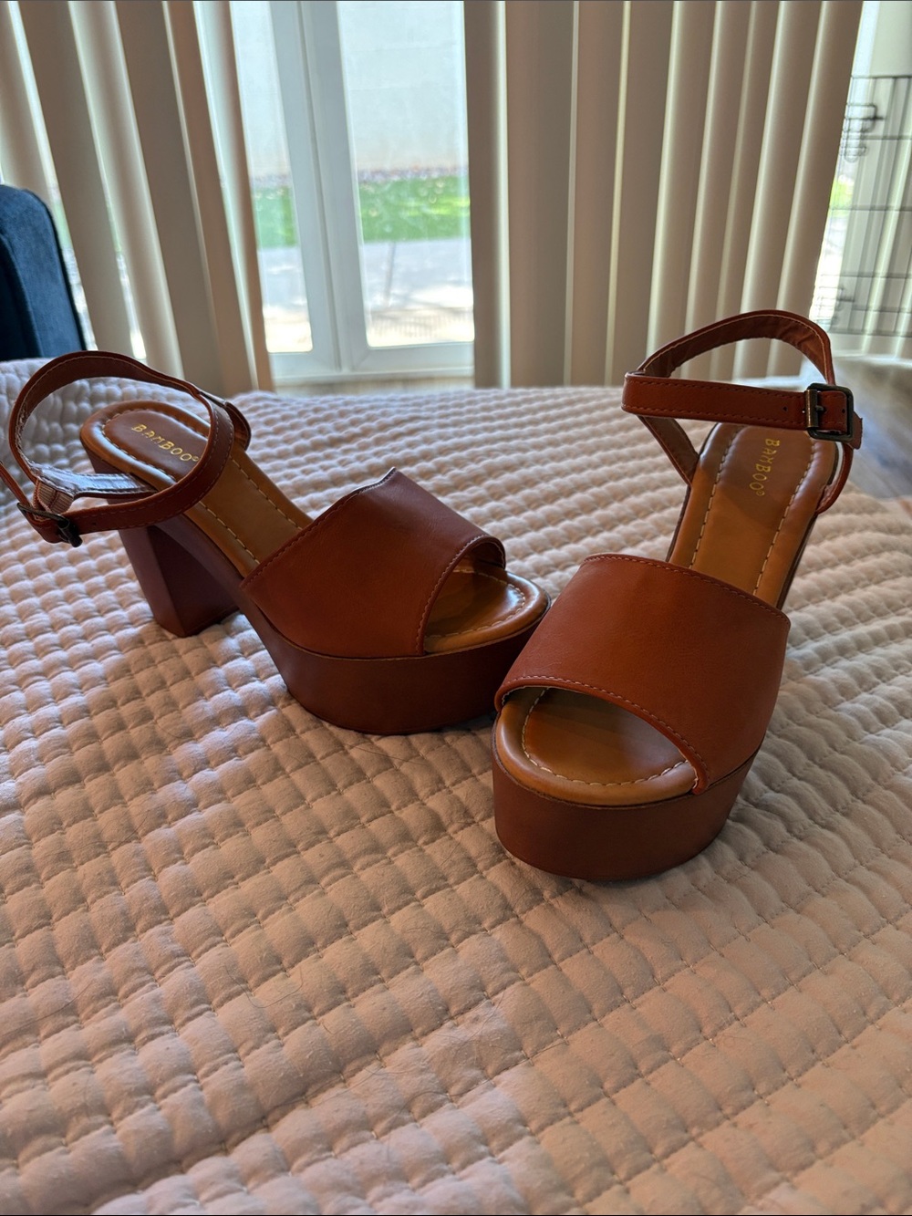 BAMBOO Cognac Brown Platform Block Heel Sandals with Ankle Strap